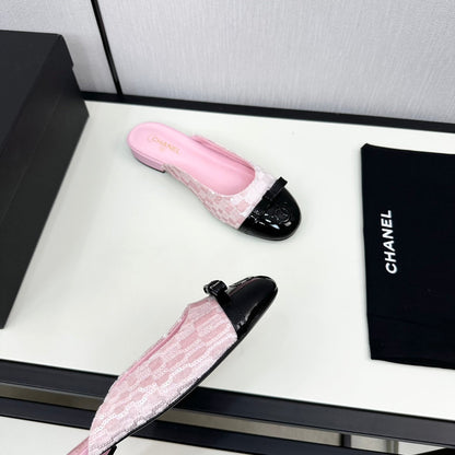 BOW MULE IN LIGHT PINK FABRIC AND BLACK CALFSKIN