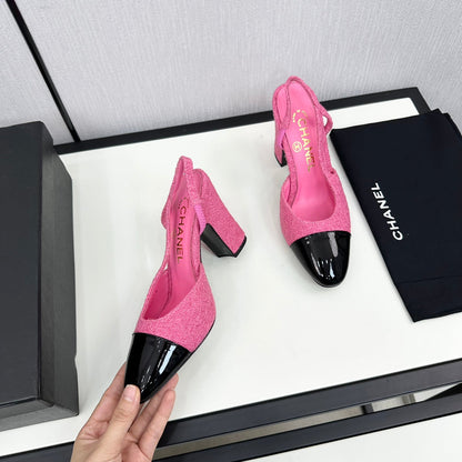 HIGH SLINGBACK BRIGHT PINK TWEED AND BLACK CALFSKIN