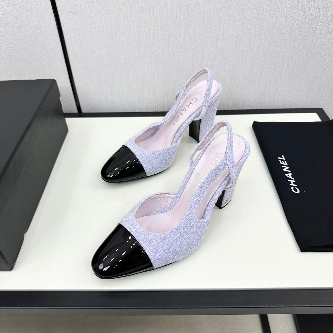 HIGH SLINGBACK LIGHT BLUE TWEED AND BLACK CALFSKIN