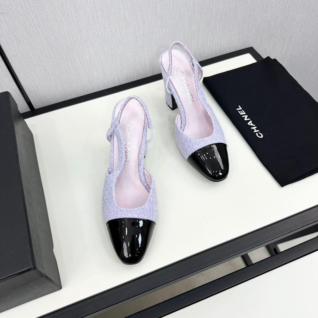 HIGH SLINGBACK LIGHT BLUE TWEED AND BLACK CALFSKIN