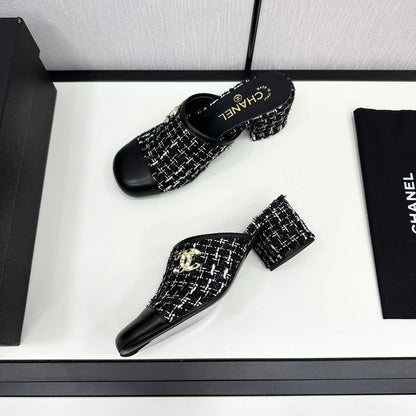 CC HIGH MULE IN BLACK MIX WHITE WOOL TWEED AND CALFSKIN