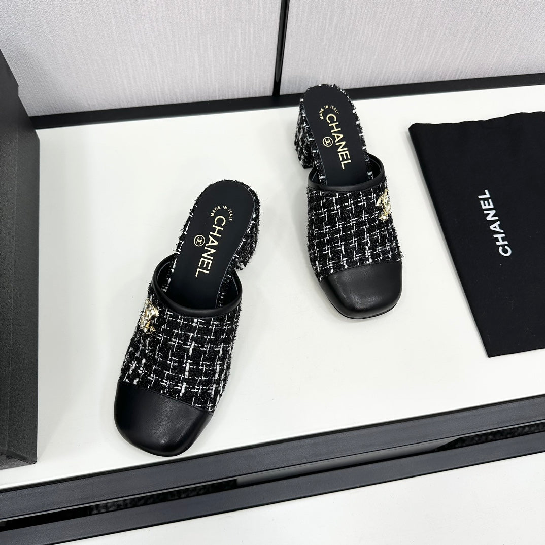 CC HIGH MULE IN BLACK MIX WHITE WOOL TWEED AND CALFSKIN