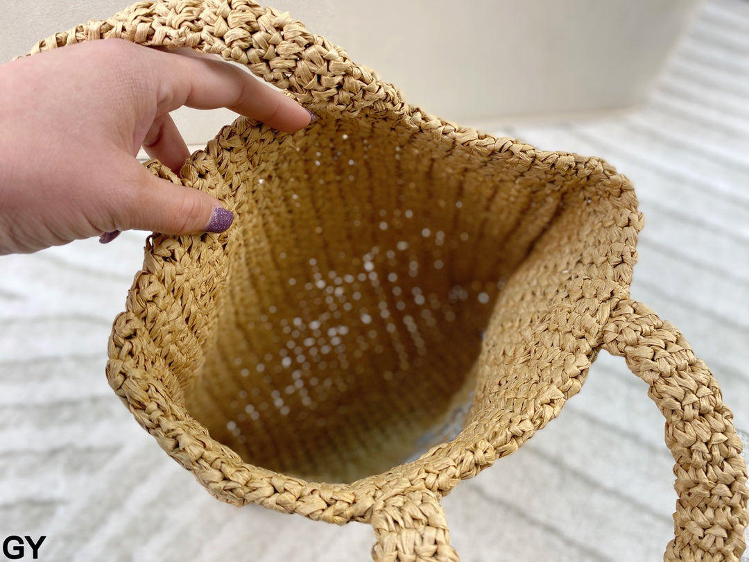 EMBROIDED LOGO SMALL TOTE BAG 28 IN BEIGE WOVEN RAFFIA