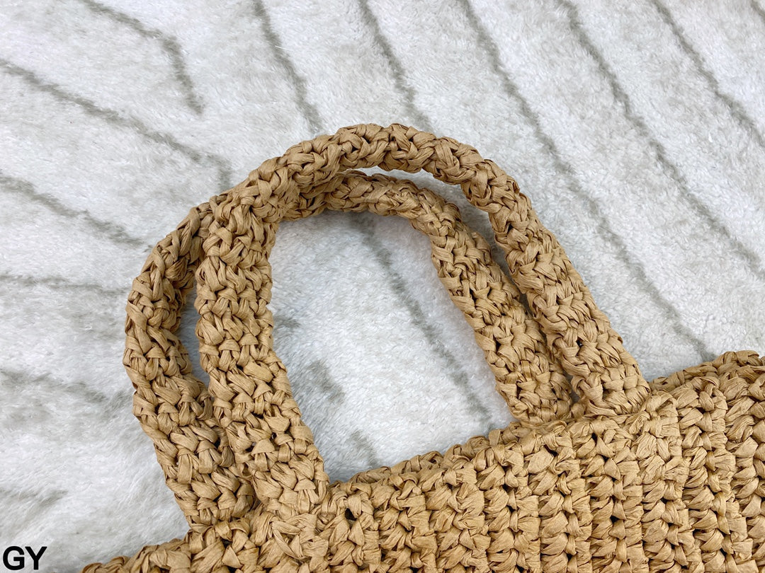 EMBROIDED LOGO SMALL TOTE BAG 28 IN BEIGE WOVEN RAFFIA