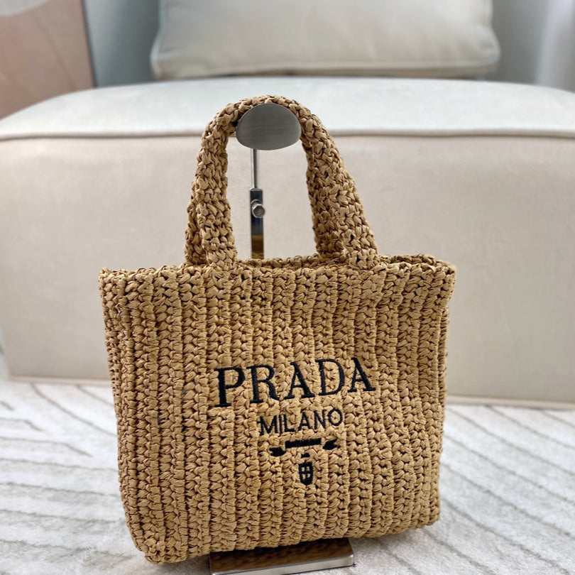 EMBROIDED LOGO SMALL TOTE BAG 28 IN BEIGE WOVEN RAFFIA