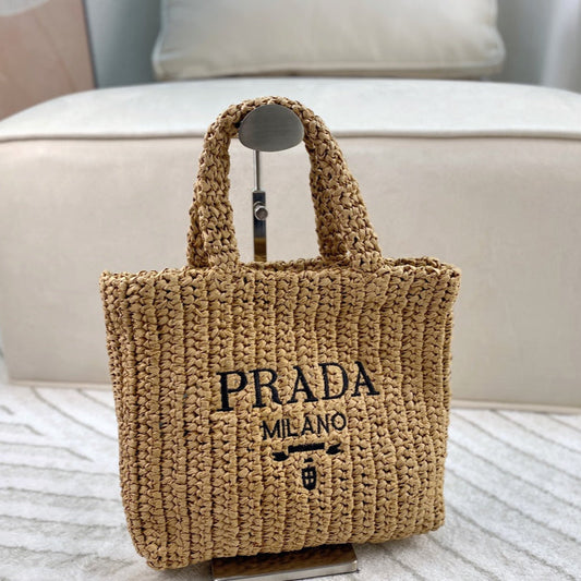 EMBROIDED LOGO SMALL TOTE BAG 28 IN BEIGE WOVEN RAFFIA