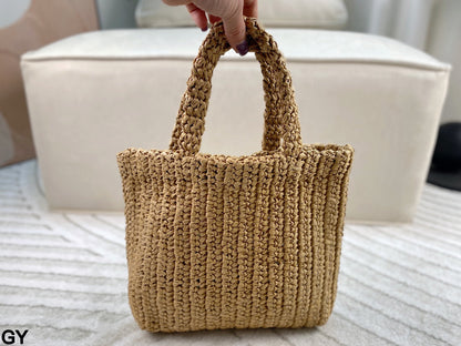 EMBROIDED LOGO SMALL TOTE BAG 28 IN BEIGE WOVEN RAFFIA
