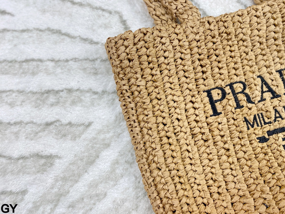 EMBROIDED LOGO SMALL TOTE BAG 28 IN BEIGE WOVEN RAFFIA