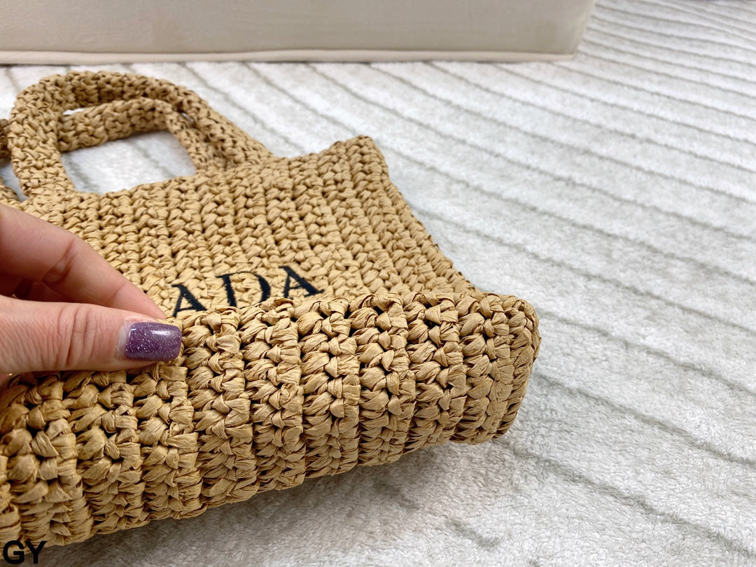 EMBROIDED LOGO SMALL TOTE BAG 28 IN BEIGE WOVEN RAFFIA