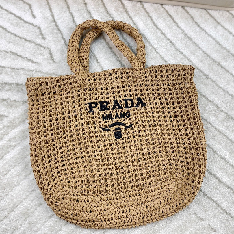 EMBROIDED LOGO TOTE BAG 38 IN BEIGE WOVEN RAFFIA