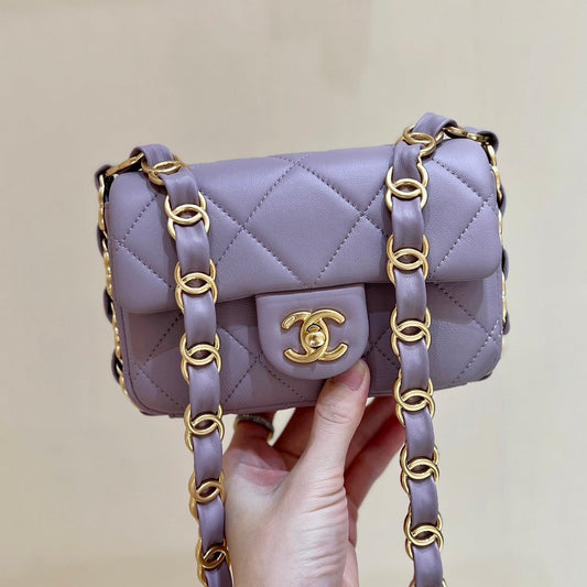 MINI FLAP BAG 16 IN BABY PURPLE LAMBSKIN GOLD DOUBLE C THICK CHAIN