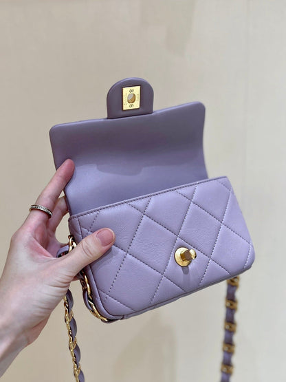 MINI FLAP BAG 16 IN BABY PURPLE LAMBSKIN GOLD DOUBLE C THICK CHAIN