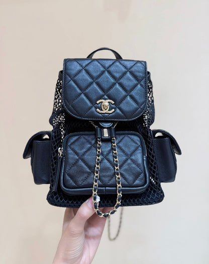 MESH DRAWSTRING BACKPACK 25 IN BLACK CALFSKIN GOLD-TONE METAL