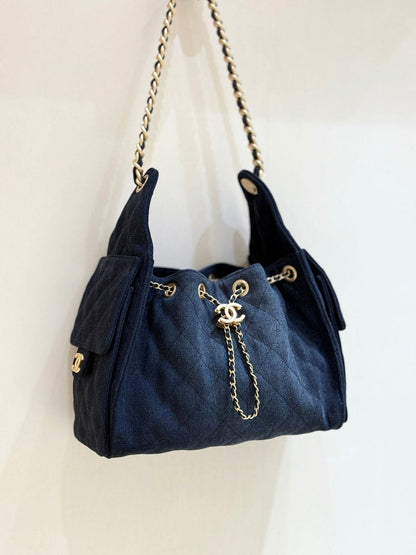 CC 25 HANDBAG 30 IN DARK BLUE DENIM GOLD HARDWARE