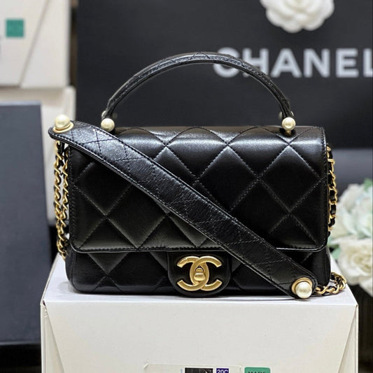 PEARL LIMITED EDITION FLAP BAG WITH HANDLE 20 IN BLACK LAMBSKIN