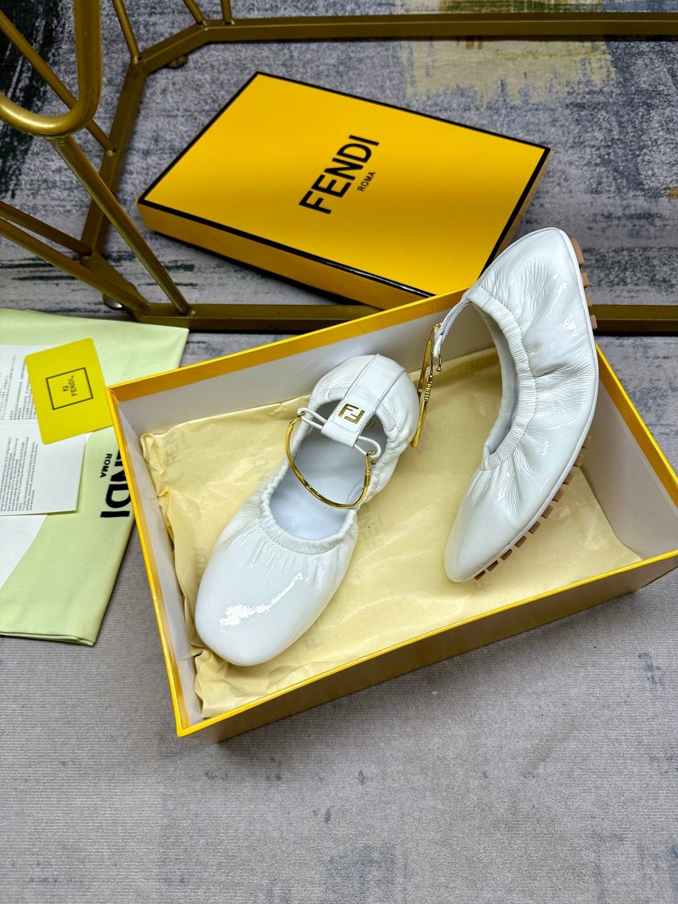 FENDI FILO BALLET IN WHITE LAMBSKIN WITH GOLD HARDWARE