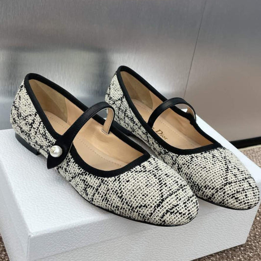 D-RAMOUR BALLET FLATS IN WHITE MIX BLACK EMBROIDERED CANNAGE TWEED