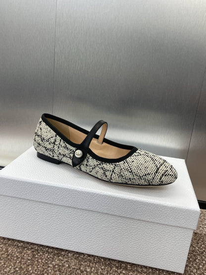 D-RAMOUR BALLET FLATS IN WHITE MIX BLACK EMBROIDERED CANNAGE TWEED
