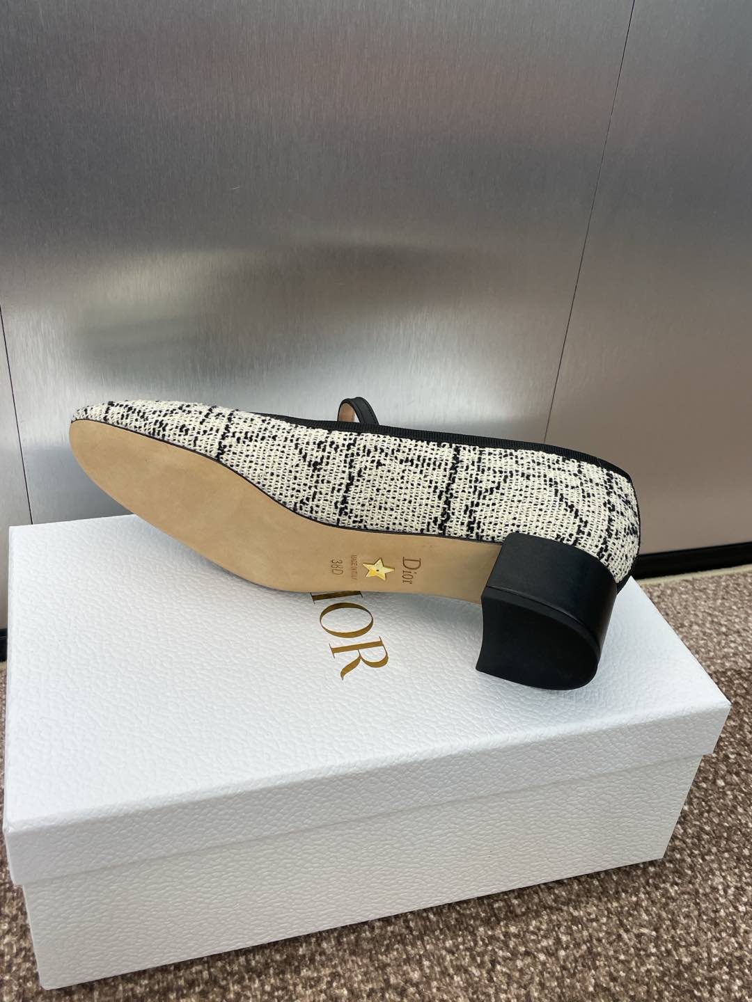 D-RAMOUR BALLET FLATS IN WHITE MIX BLACK EMBROIDERED CANNAGE TWEED 35 MM