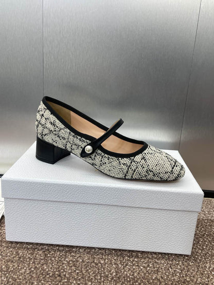 D-RAMOUR BALLET FLATS IN WHITE MIX BLACK EMBROIDERED CANNAGE TWEED 35 MM