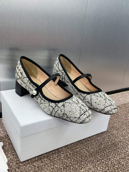 D-RAMOUR BALLET FLATS IN WHITE MIX BLACK EMBROIDERED CANNAGE TWEED 35 MM