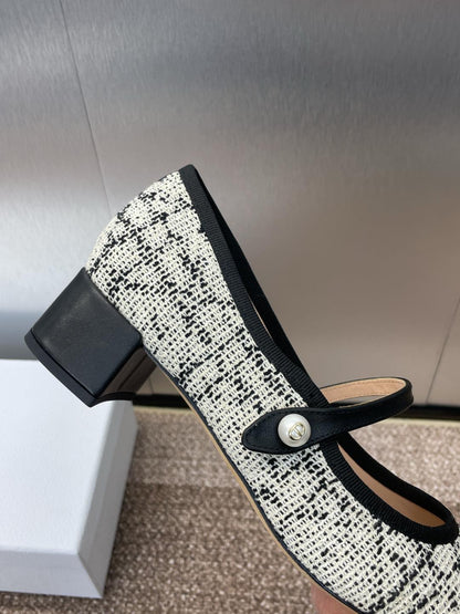 D-RAMOUR BALLET FLATS IN WHITE MIX BLACK EMBROIDERED CANNAGE TWEED 35 MM