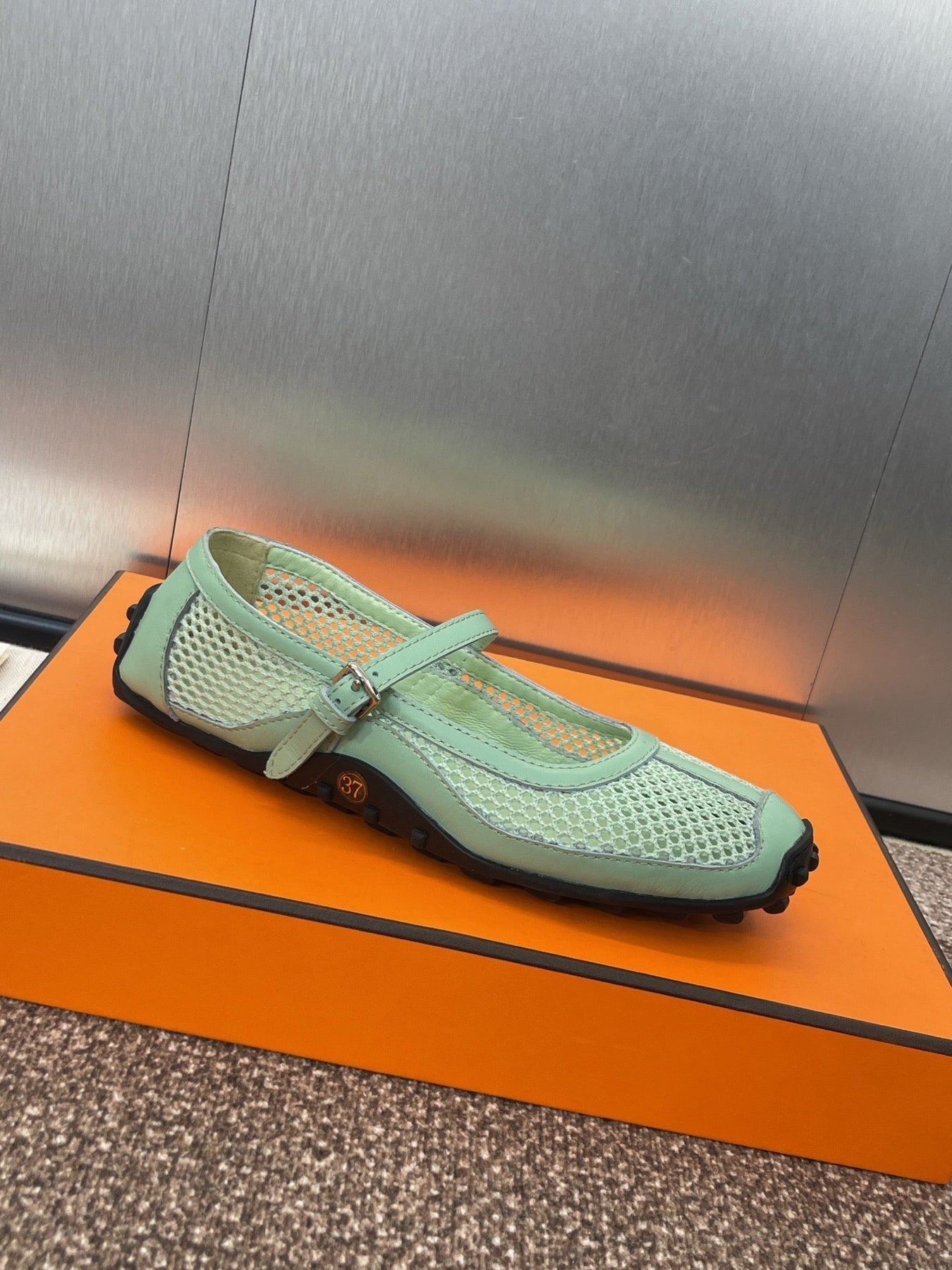 KICHU BALLET FLAT IN GREEN MINT CROCHET KNIT AND CALFSKIN