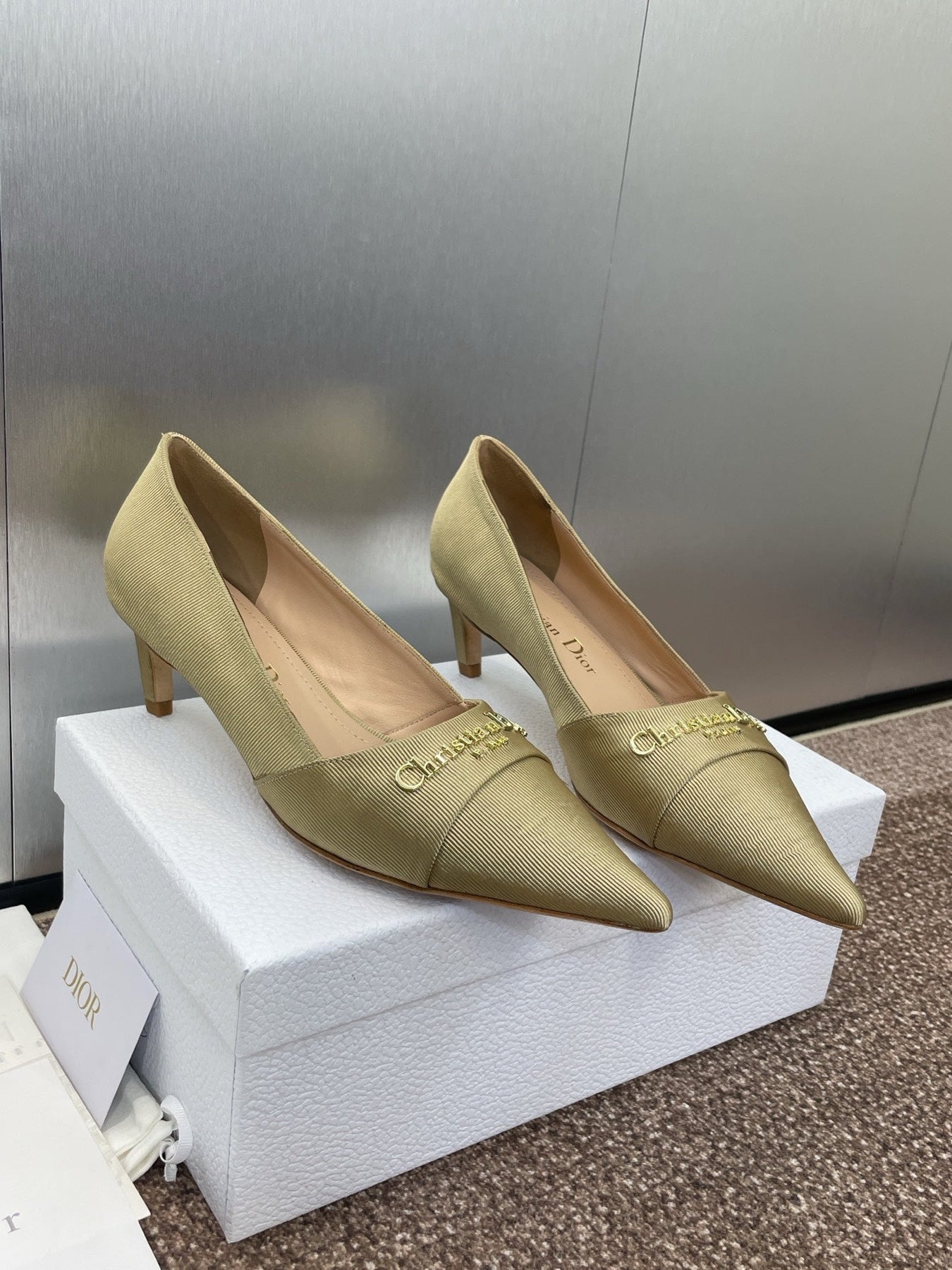 MY DD 25S HIGH HEEL 55MM IN KHAKI GOLD FABRIC GOLD LOGO