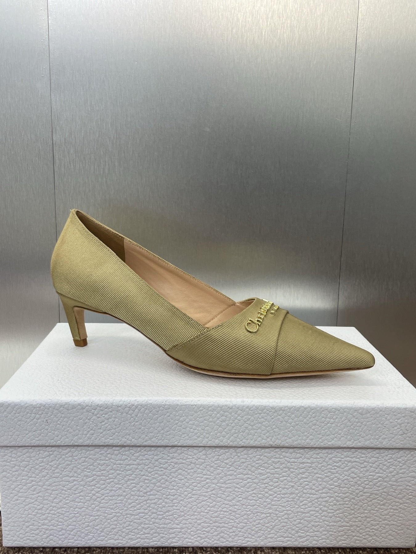 MY DD 25S HIGH HEEL 55MM IN KHAKI GOLD FABRIC GOLD LOGO