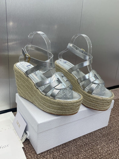 D-CLUB 25S HIGH HEEL WEDGE 100MM IN SILVER GLOSSY CALFSKIN RAFFIA SOLE