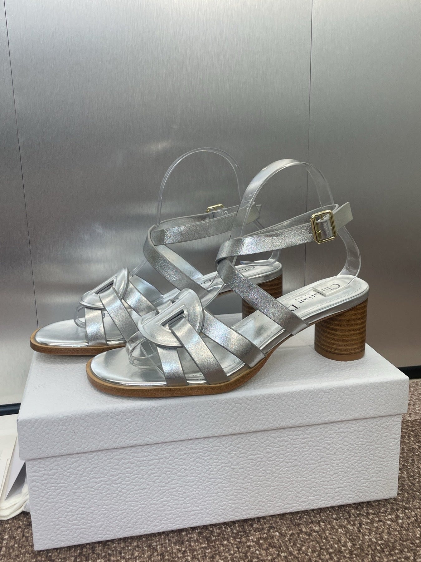 D-CLUB HIGH HEEL SLIDE 25S 55MM IN SILVER GLOSSY CALFSKIN