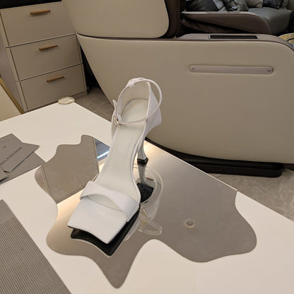 OPEN-TOE CURVED HIGH HEEL SANDALS IN WHITE SMOOTH CALFSKIN