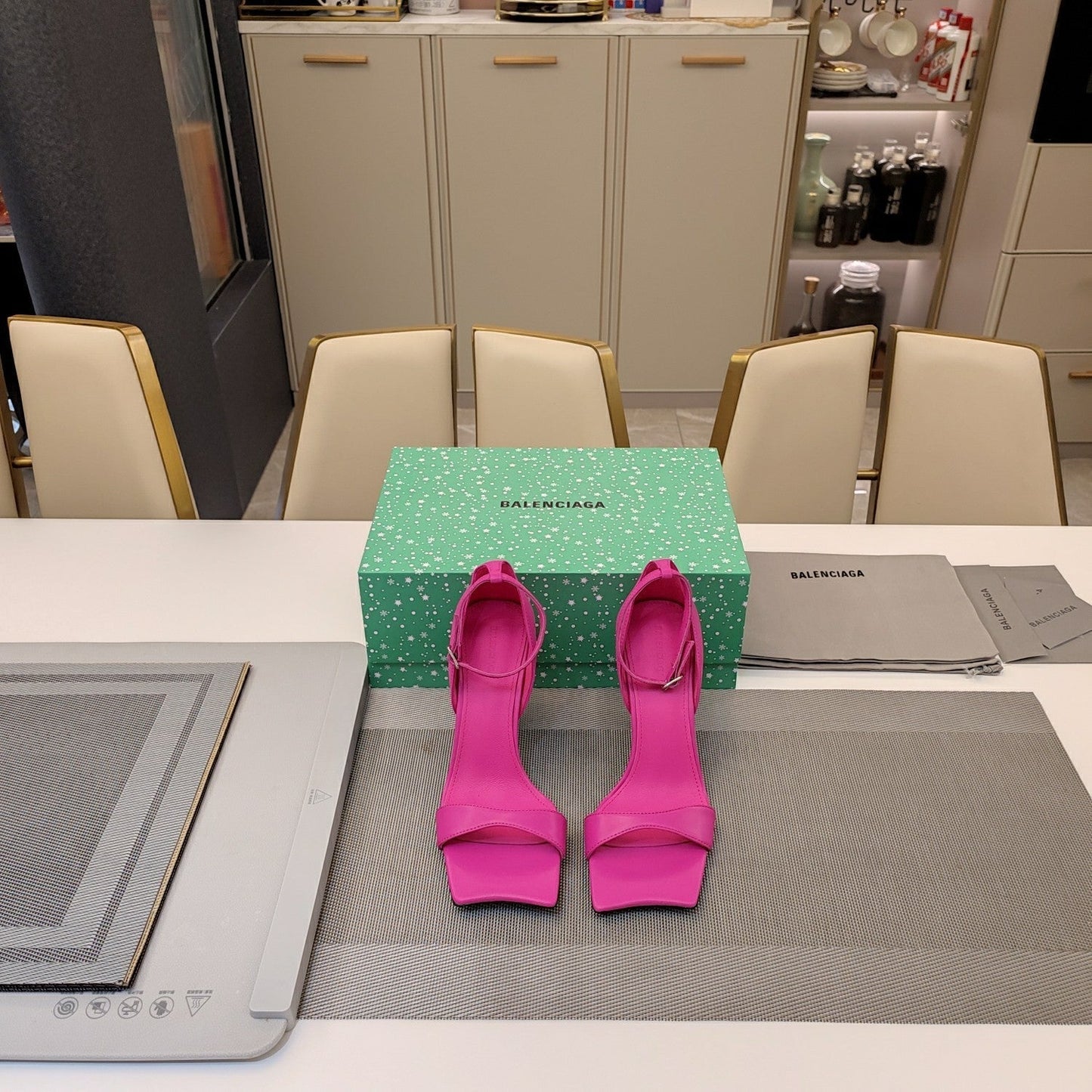 OPEN-TOE CURVED HIGH HEEL SANDALS IN DEEP PINK SMOOTH CALFSKIN