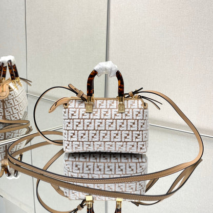 BY THE WAY MINI 18 IN WHITE WOOL AND CAMEL BROWN RAFFIA CALFSKIN TRIM