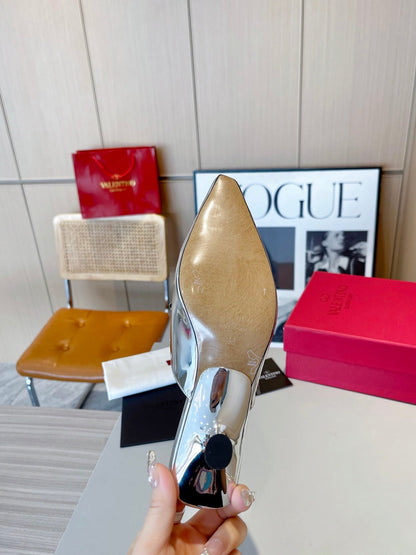 ROCKSTUD CAGED MULES 5 CM IN SILVER CALFSKIN