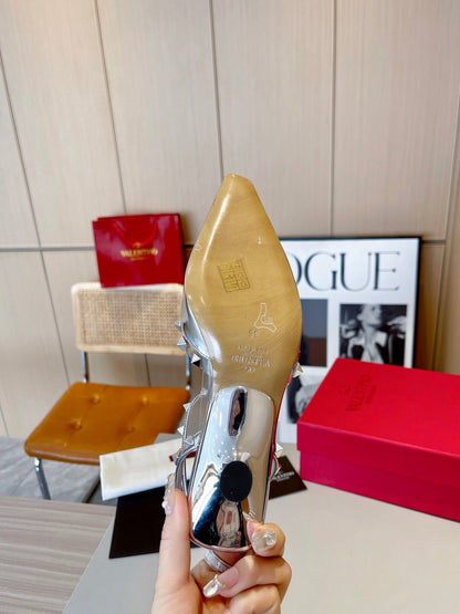 ROCKSTUD CAGED SLINGBACKS 5 CM IN SILVER CALFSKIN