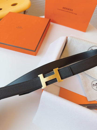 MINI H BELT BUCKLE & REVERSIBLE BLACK LEATHER STRAP 24 MM GOLD HARDWARE