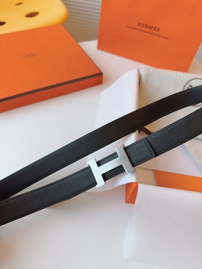 MINI H BELT BUCKLE & REVERSIBLE BLACK LEATHER STRAP 24 MM SILVER HARDWARE