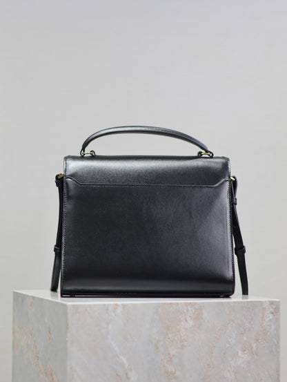 CASSANDRA TOP HANDLE BAG 24 IN BLACK SMOOTH LAMBSKIN GOLD HARDWARE