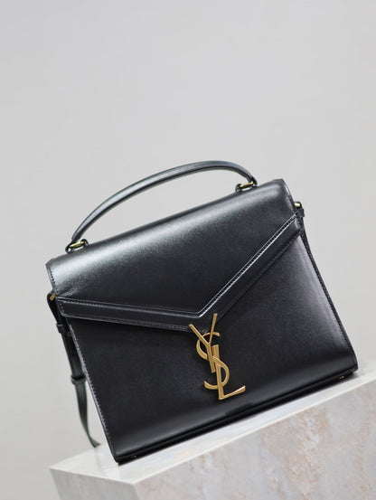 CASSANDRA TOP HANDLE BAG 24 IN BLACK SMOOTH LAMBSKIN GOLD HARDWARE