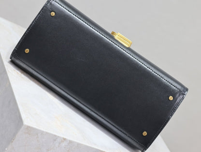 CASSANDRA TOP HANDLE BAG 24 IN BLACK SMOOTH LAMBSKIN GOLD HARDWARE