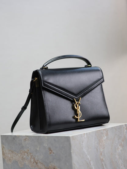 CASSANDRA TOP HANDLE BAG 24 IN BLACK SMOOTH LAMBSKIN GOLD HARDWARE