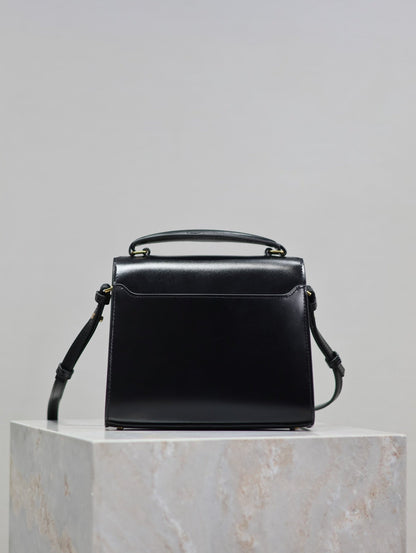 CASSANDRA MINI TOP HANDLE BAG 20 IN BLACK SMOOTH LAMBSKIN GOLD HARDWARE