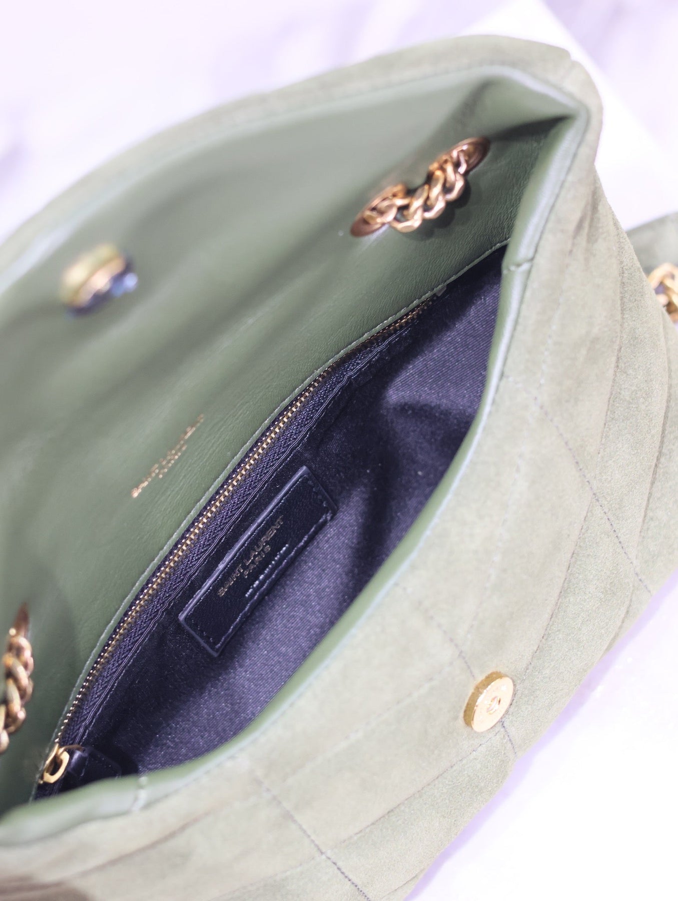 PUFFER TOY 23 IN PICKLE GREEN SUEDE GOLD HARDWARE