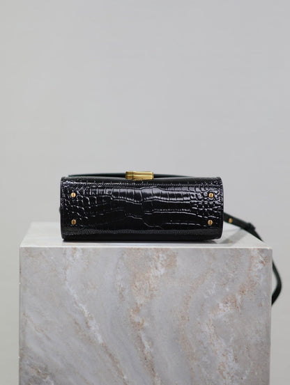 CASSANDRA MINI TOP HANDLE BAG 20 IN BLACK CROCODILE-EMBOSSED GLOSSY CALFSKIN