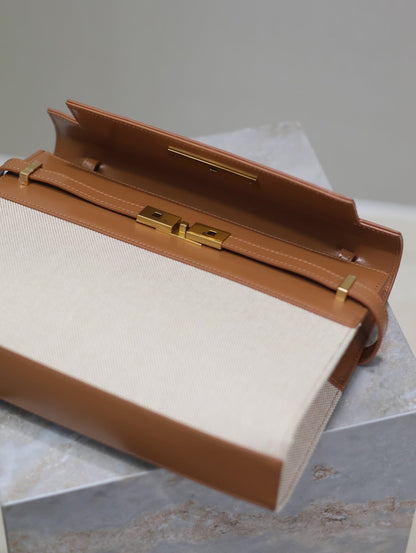 MANHATTAN MEDIUM 29 IN WHITE CANVAS AND BROWN CALFSKIN GOLD BUCKLE