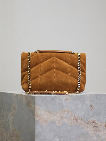 PUFFER TOY 23 IN BRONZE BROWN SUEDE GOLD HARDWARE