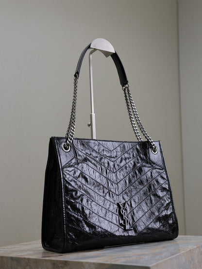 NIKI SHOPPING BAG 33 IN BLACK CRUMPLED CALFSKIN SILVER HARDWARE