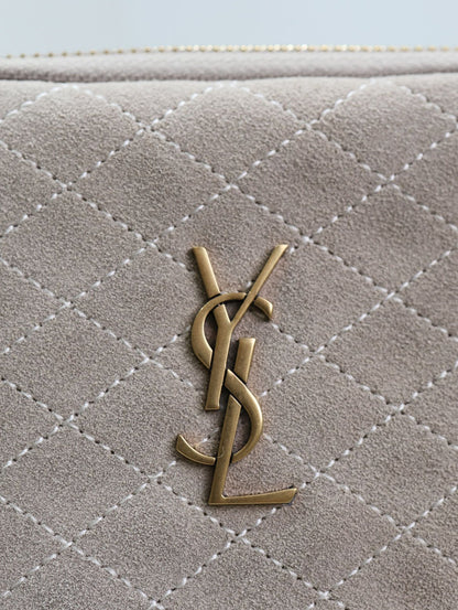 GABY ZIPPED POUCH 19 IN GRAY MATTE SUEDE GOLD HARDWARE