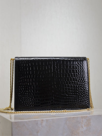CASSANDRA CHAIN BAG 22 IN BLACK CROCODILE PATTERN CALFSKIN GOLD HARDWARE
